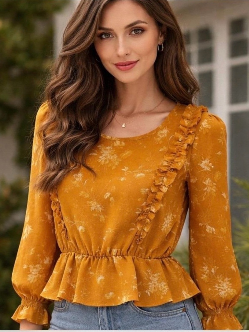 Madewell Golden Mustard Floral Ruffle Top